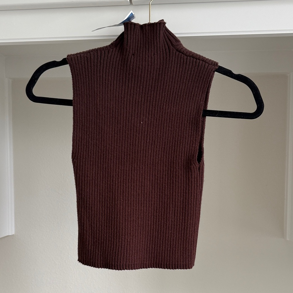 Zara Ribbed Sleeveless Mock Neck Tank Top - Dark Brown